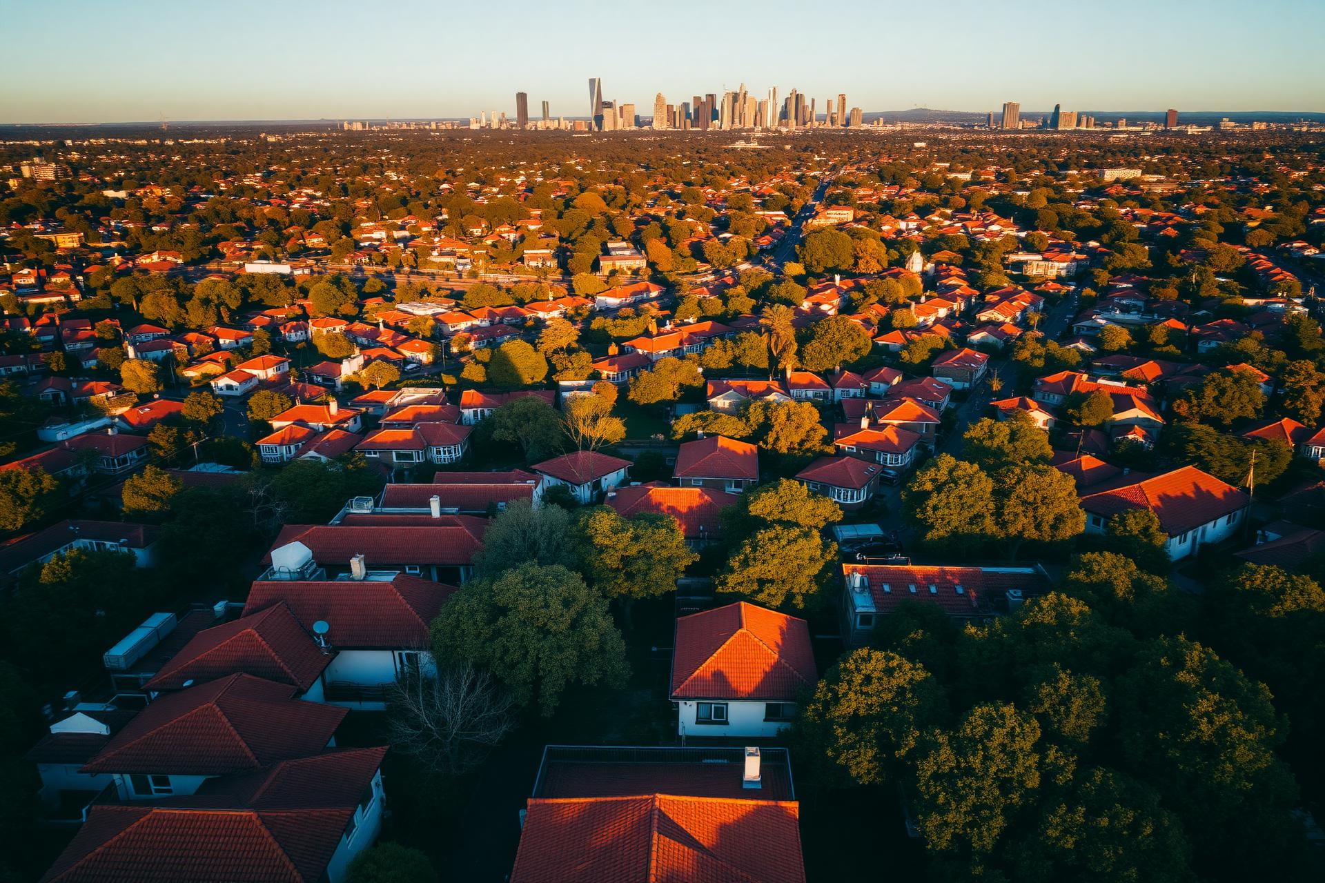 Aerial drone view of inner Sydney rooftops with the CBD skyline in the distance